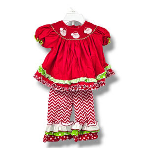 Smocked‎ A Lot Vintage Baby Girl Santa Smocked Neck Ruffle Chevron Outfit 18M